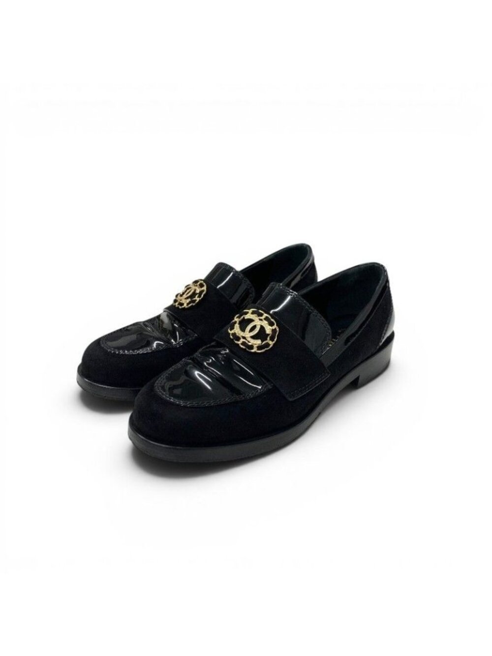 Chanel Loafers Leather Shoes Patent Black Gold Flat CC Logo Rhinestone
